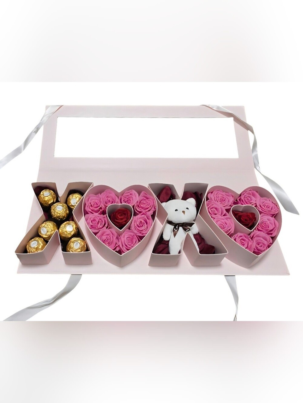 Fores Natural preserved flowers, pink arrangement, flowers, chocolates, bear